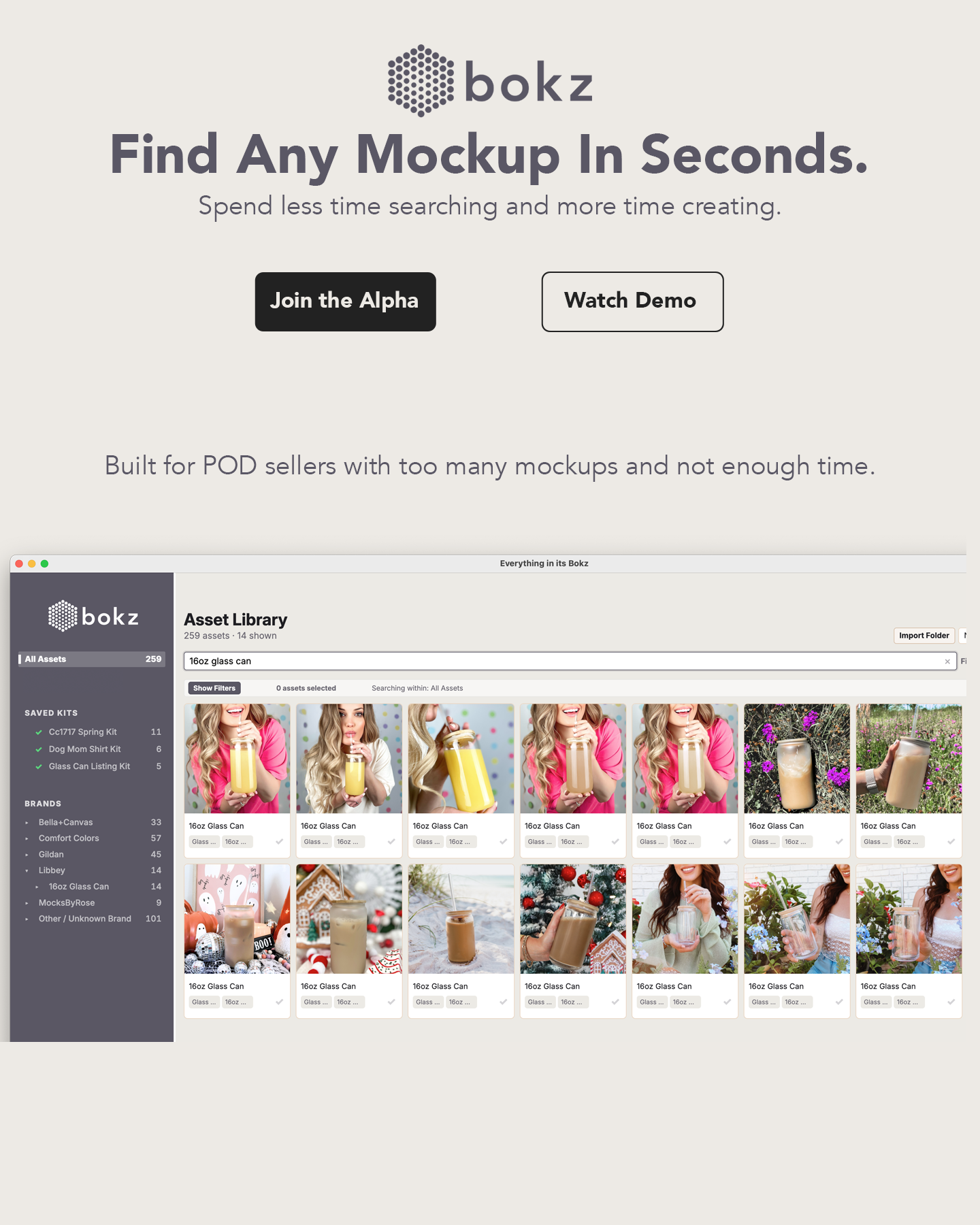 Bokz landing page design showing the product headline, alpha signup, demo button, and app preview.
