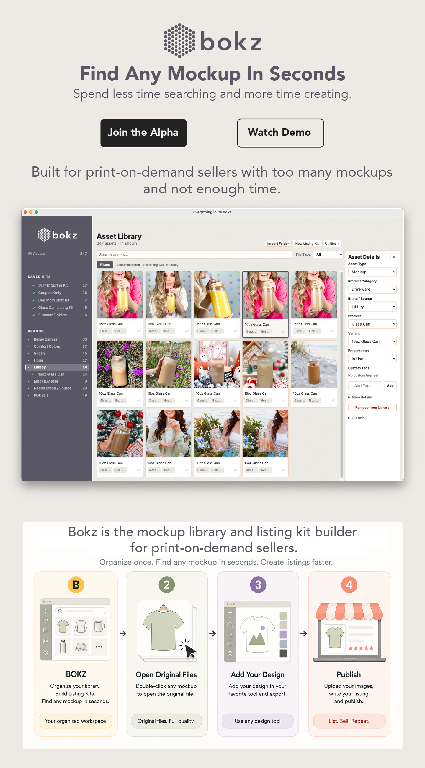 Bokz landing page showing the product headline, alpha signup, demo button, app interface preview, and workflow graphic.